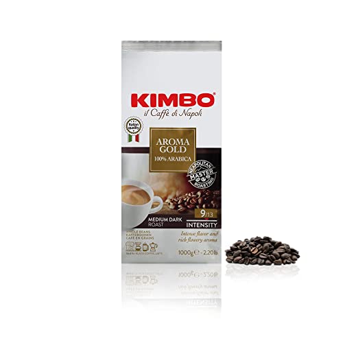 Kimbo Gold 100% Arabica ganze Kaffeebohnen, dunkle Röstung, ausgezeichnet für Lattes oder Cappuccinos, 1kg Beutel