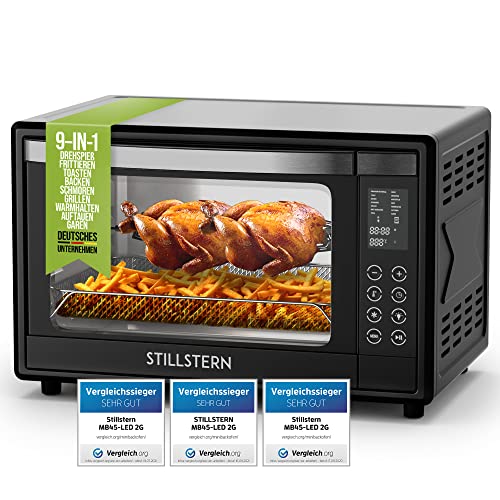 Stillstern Minibackofen mit Umluft (DE Version, 45L, Pizza Ø32cm, 13in1: Auftauen&Warmhalten, Aufwärmen, Grill, Toaster, Drehspieß, Garen + 6 Prog.) 8h Timer, Rezeptheft, Mini Backofen Pizzaofen